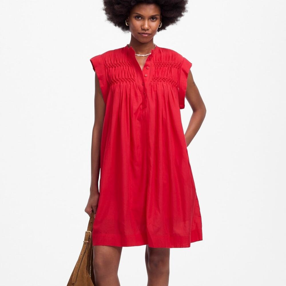 NWT Madewell Embroidered Pleated Mini Shift Dress Wintermelon Red Womens Size L